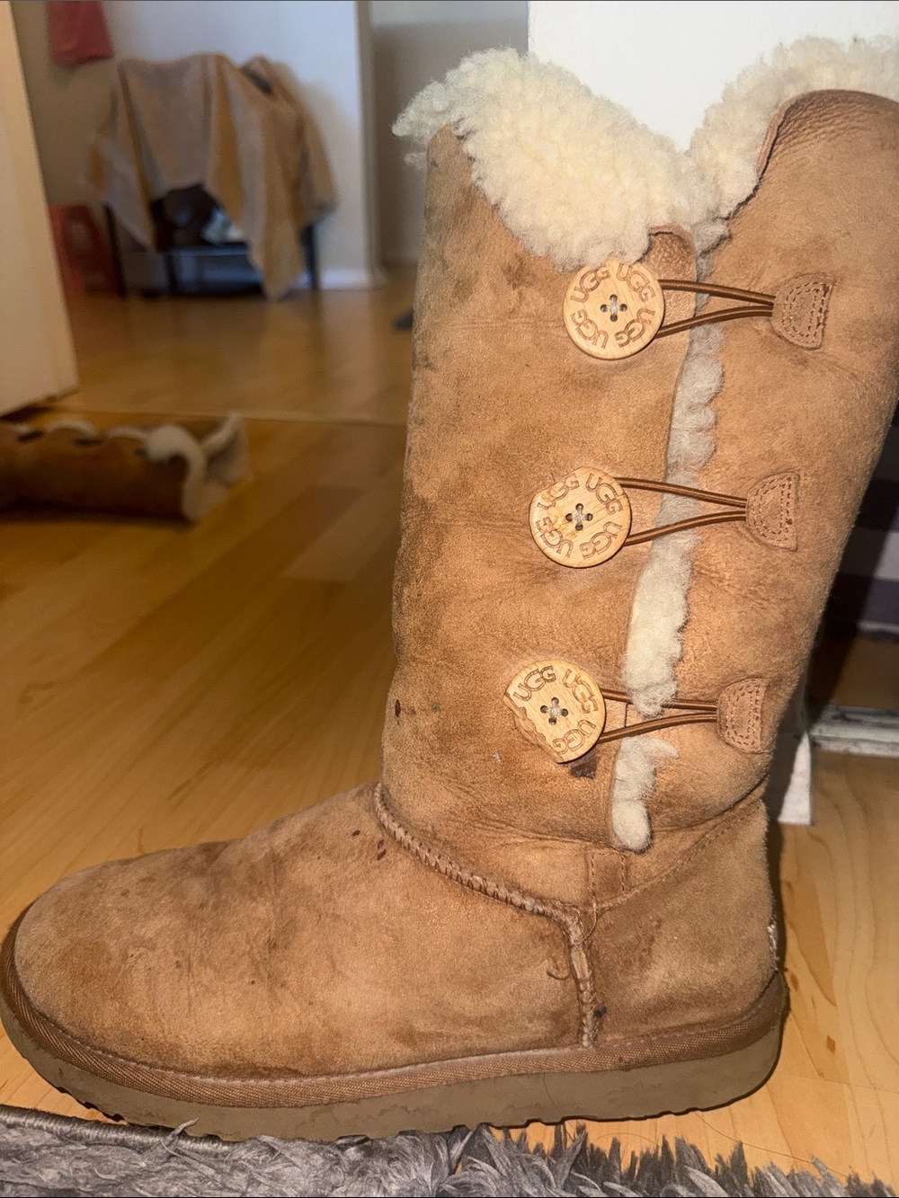 UGG Chestnut Suede Button-Accent Tall Shearling Boots